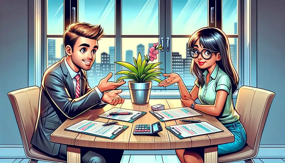 An illustration of a negotiation scene between a buyer and seller in a real estate transaction.